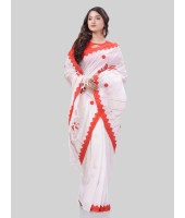 DESH BIDESH Women`s Bengali Khesh Pure Cotton Handloom Saree Trinayani Durga Designed With Blouse Piece (White Red)